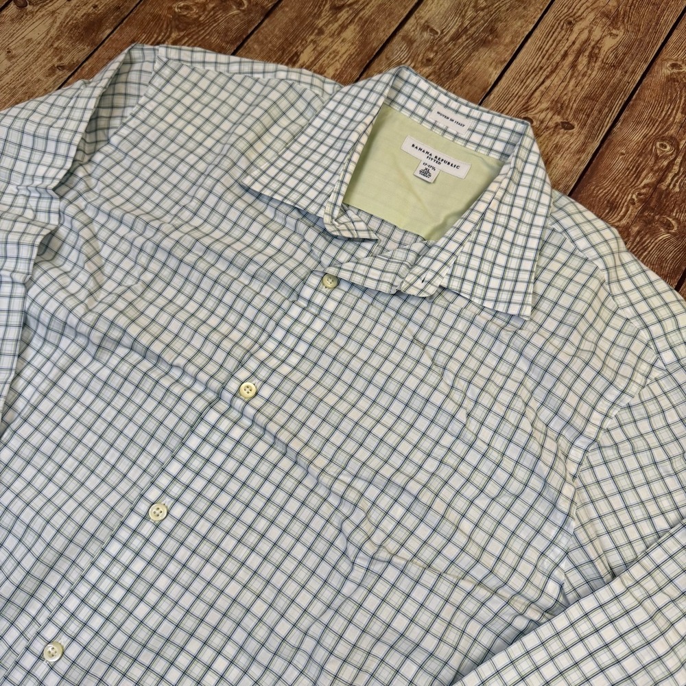 Banana Republic Fitted Button Up Shirt Mens XL White Green Blue Check Italy